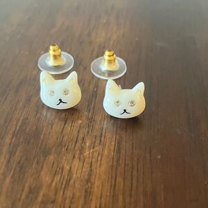 Coach: White Cat Stud Earrings- Gold Tone- Rhinestone Eyes